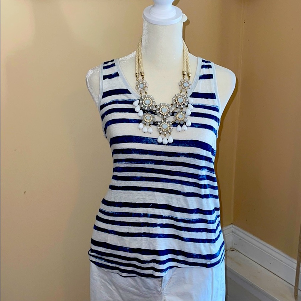 Blue and white distressed linen tank top